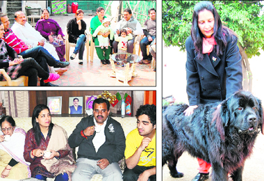(Clockwise from top left) Congress candidate from the Amritsar (Central) seat OP Soni (second from right) relaxes with his family and friends on the roof of his house; BJP candidate from the Amritsar (East) seat Dr Navjot Kaur Sidhu plays with her pet dog at her house; and BJP candidate from the Amritsar (Central) seat Tarun Chugh (second from right) relaxes with his family in Amrtisar on Tuesday. 