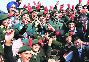 NCC cadets in a cheerful mood after being felicitated in Chandigarh on Tuesday. The cadets finished second during the Republic Day Camp in New Delhi.