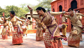 Artistes from Assam on Tuesday perform Bihu dance during the preparations for the Surajkund Craft Mela which will start on Wednesday in Faridabad. 