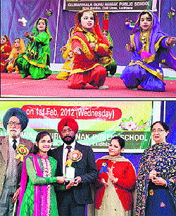 (Above) Students perform cultural programme during the prize distribution function at Gujranwala Guru Nanak Public School in Ludhiana; (below) a students receives a prize at the prize distribution ceremony