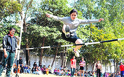 A girl participates in the high-jump event at the annual sports meet in Guru Nanak Girls College, Ludhiana, on Wednesday