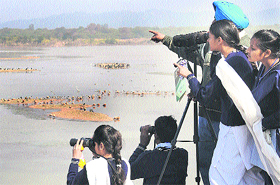 Students watch birds through binoculars at Sukhna Lake on Thursday.