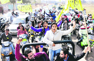 Students of UIET take part in a rally for their annual function Goonj at Panjab University, Chandigarh, on Thursday.