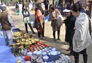 Visitors check out the pottery on display at a stall in the 26th Surajkund Crafts Mela in Faridabad