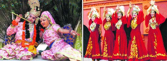 Artistes from Uttar Pradesh and (right) Uzbekistan give performances at the Surajkund Crafts Mela near Faridabad on Thursday