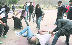 Supporters of SOPU and PUSU clash during a blood donation camp at Panjab University, Chandigarh, on Friday