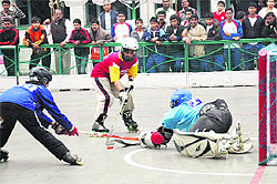 A match in progress at the 49th National Artistic and Inline Roller-Hockey Skating Championship at KBDAV School, Sector 7, Chandigarh, on Friday