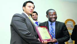 Guy Djoken, executive director, UNESCO Centre for Peace, being felicitated at a function at The Heritage School in Dehradun 