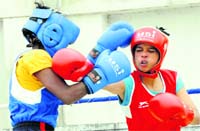 Players in action in a match in the Dehradun District Boxing Tournament in Dehradun 
