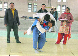 A bout underway on the second day of the trials being organised for the SAI Training Centre, Ludhiana, on Friday. 