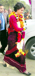 Priyanka Gandhi during election campaign at Jamo in Amethi on Friday.