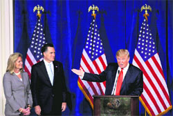 Donald Trump announces his endorsement of Republican presidential candidate Mitt Romney during a press conference in Las Vegas on Thursday.