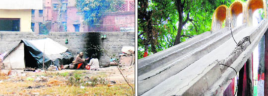 A shanty built inside the park (left) and a broken slide inside the childrens park at Gol Bagh in Amritsar.