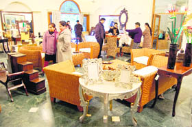 Furniture from Indonesia and Thailand are on display at the exhibition in Amritsar on Saturday.