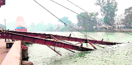 An under-construction suspension bridge that collapsed at the Ganga canal, Roorkee, on Saturday.
