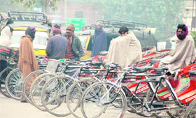 Rickshaw pullers wrap themselves in woollens on a cold Saturday afternoon in Jalandhar. 