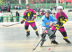 A roller hockey match in progress at KBDAV School, Sector 7, in Chandigarh on Sunday. 