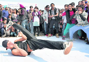 A student shows some dance moves during Goonj at the University Institute of Engineering and Technology in Chandigarh on Sunday. 