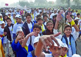 Young fighters: Children at a cancer awareness walk in New Delhi on Sunday