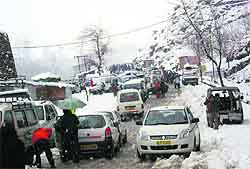 Vehicles stranded at Nehru Kund near Manali due to a fresh spell of snowfall on Sunday