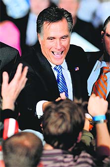 Republican presidential candidate Mitt Romney greets supporters in Las Vegas, Nevada.