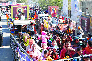 A procession being carried out on the eve of Guru Ravidas Jayanti in Bathinda on Monday.