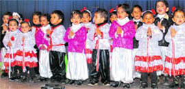 Tiny tots perform during a cultural programme at the annual function of First Edge Pre-School in Dera Bassi
