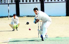 A batsman in action in a match in the 60th Dehradun District Cricket League played at Survey Stadium on Monday