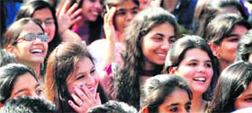 Girls have a good time during a farewell party for the students of class XII at St Thomas Senior Secondary School in Ludhiana on Monday