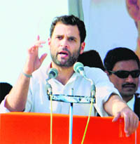 Congress general secretary Rahul Gandhi addresses an election rally at Nizamabad on Monday. 