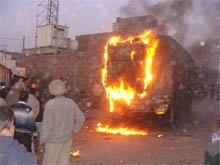 The truck that was set ablaze by the mob. 