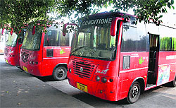 Buses of the CTU parked at a workshop in Industrial Area due to non-functional air-conditioners, in Chandigarh on Tuesday