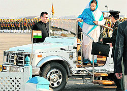 President Pratibha Patil alights from a Gypsy after inspecting a parade at the airport in Chandigarh on Tuesday
