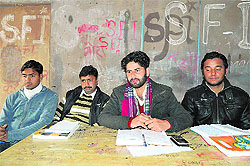 SFI leaders address a press conference in Kangra on Tuesday