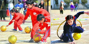 Students of BCM Senior Secondary School take part in the athletics meet in Ludhiana on Tuesday.