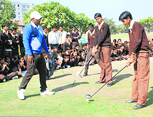 Schoolchildren during a coaching camp at the Panchkula Golf Club on Wednesday. 