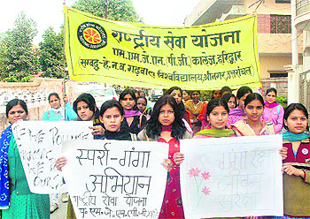 Students during the NSS unit camp which began at Sadhana Dham in Haridwar on Tuesday.