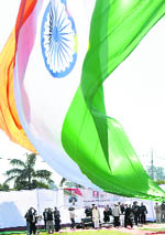 The massive Tricolour that was unfurled by President Pratibha Patil at Brahma Sarovar, Kurukshetra,