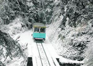 A rail car moves on a snow-covered track in Shimla on Wednesday. 