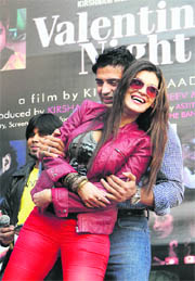 Bollywood actress Payal Rohatagi and her co-star Sangram perform for the promotion of their upcoming film Valentine Nights in Jalandhar on Wednesday.