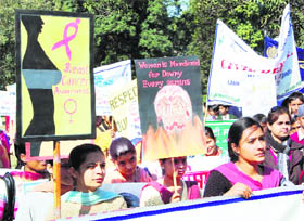 College girls take out awareness rally on cancer in Patiala on Wednesday. 