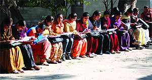 Students of the Government Rajindra College in Bathinda make the best use of a sunny Thursday