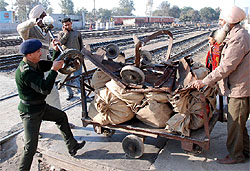 The hand truck which was hit by a goods train near parcel office at Bathinda station on Thursday