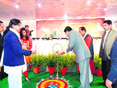 Poet Lila Dhar Jaguri and Chairman of the Sardar Bhagwan Singh Institute of Bio-Medical Sciences SP Singh inaugurate the debate competition at Balawal near Dehradun on Thursday.