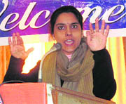 A participant expresses her views in a declamation contest at LHP College of Law in Sirsa.