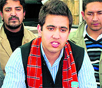 Vikramaditya, son of Union Minister Virbhadra Singh, addresses a press conference at Dharamsala on Thursday
