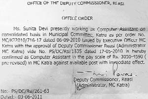 A copy of the order purportedly issued by the Deputy Commissioner, Reasi, regarding an appointment in the Municipal Committee, Katra. 