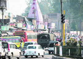 Traffic lights installed on experimental basis at Bikram Chowk in Jammu on Thursday. 