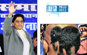 BSP leader Mayawati waves to supporters; a BSP supporter sports the party symbol
