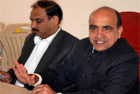 PTU vice-chancellor Rajnish Arora (right) interacts with mediapersons at the PTU Giani Zail Singh campus in Bathinda on Friday. 